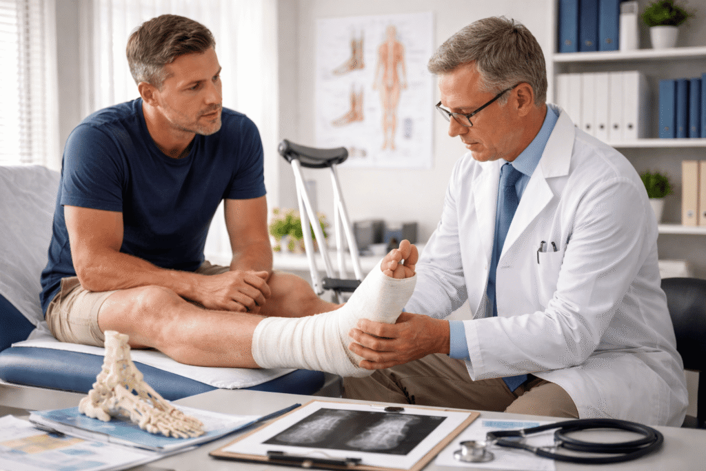 Podiatrist examining injured foot in clinic